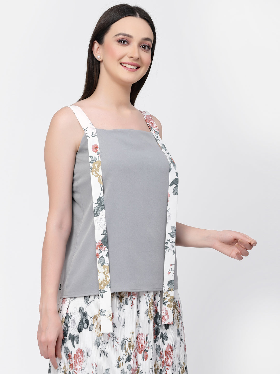 Crepe Top With Printed Shoulder Belts And Lining