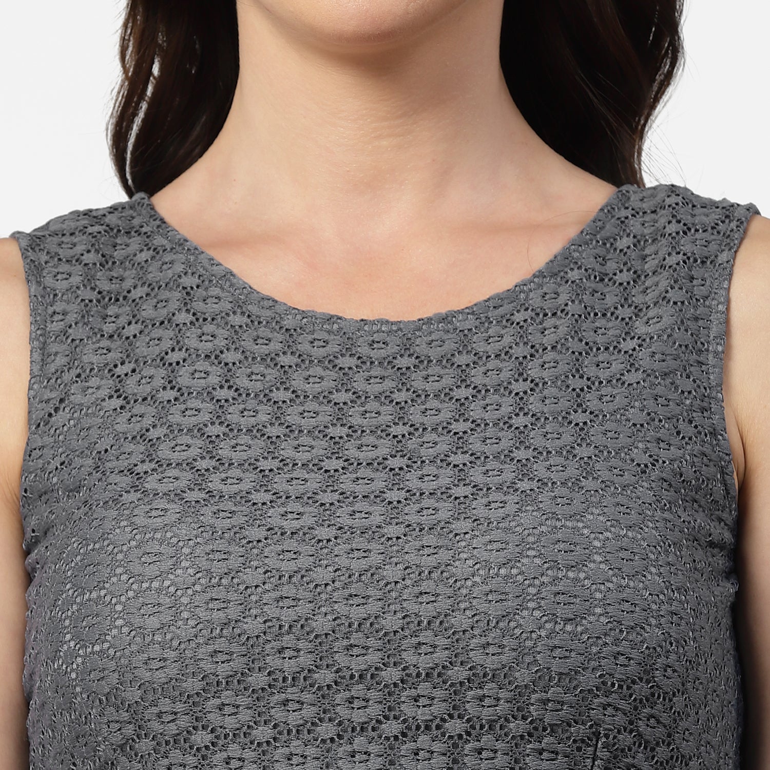 Grey Flower Without Sleeves Net Blouse