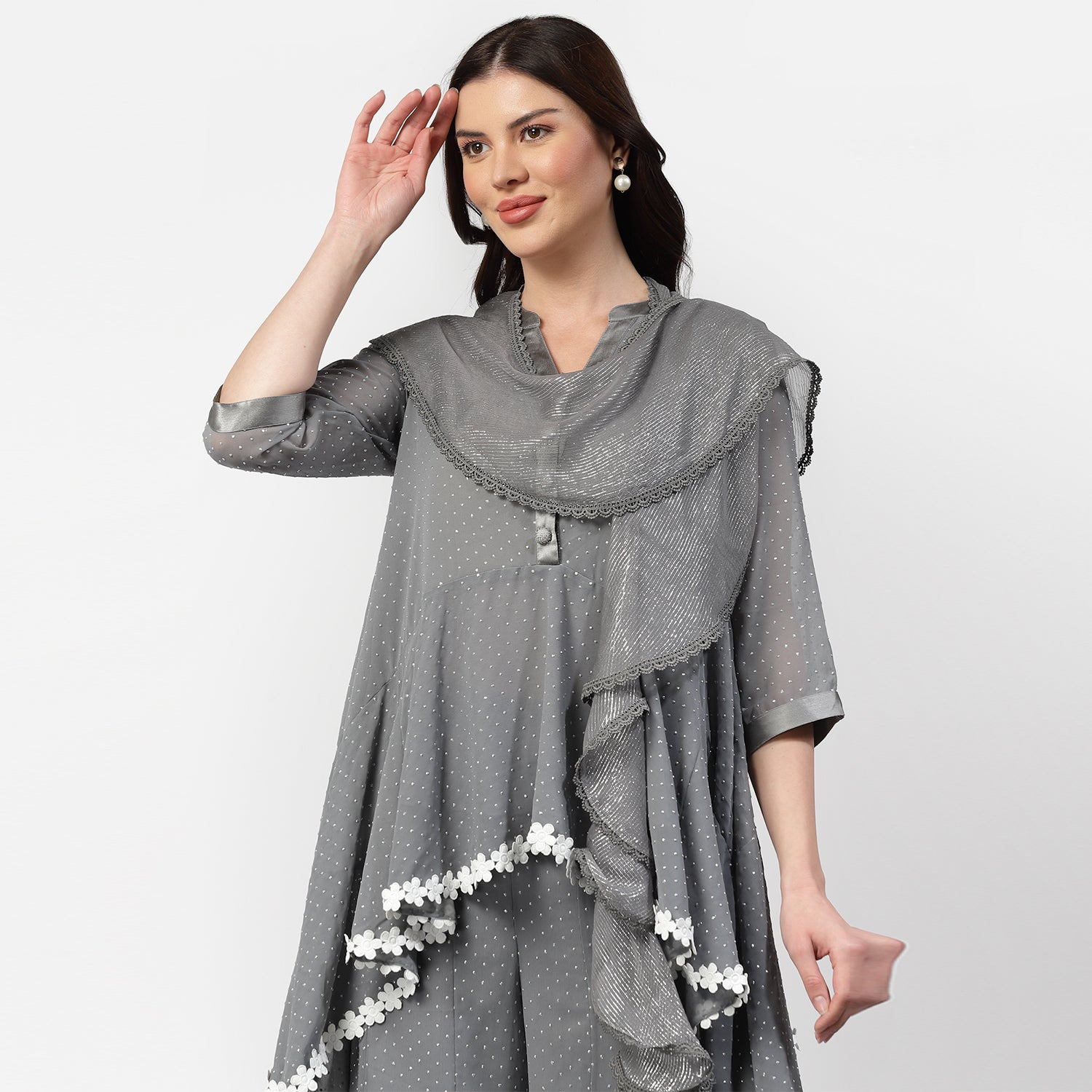 Grey Lurex Dupatta With Lace