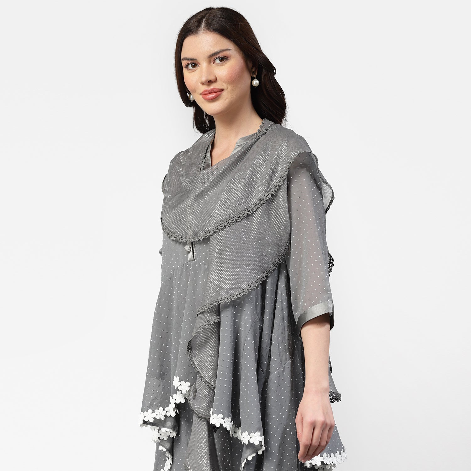 Grey Lurex Dupatta With Lace