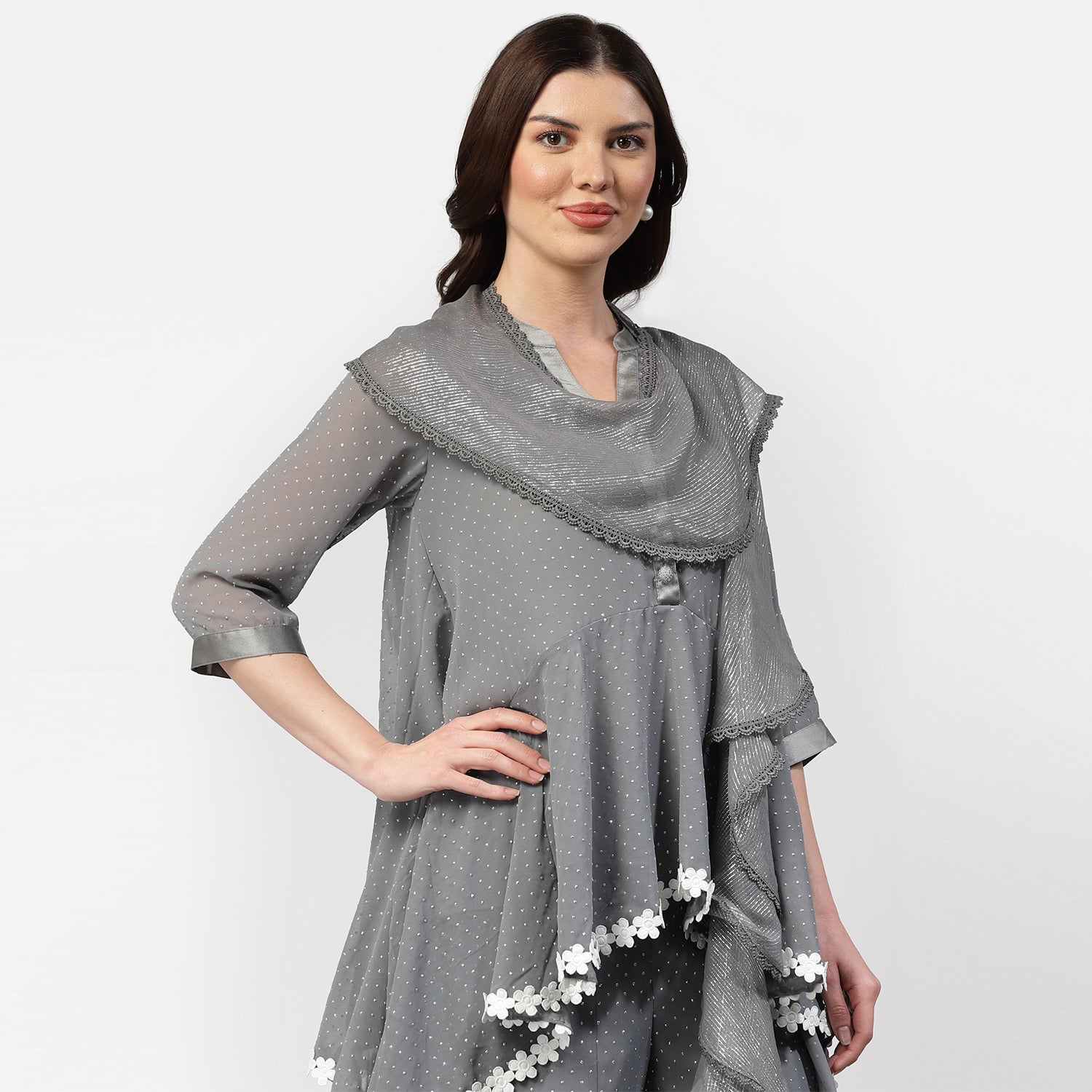 Grey Lurex Dupatta With Lace