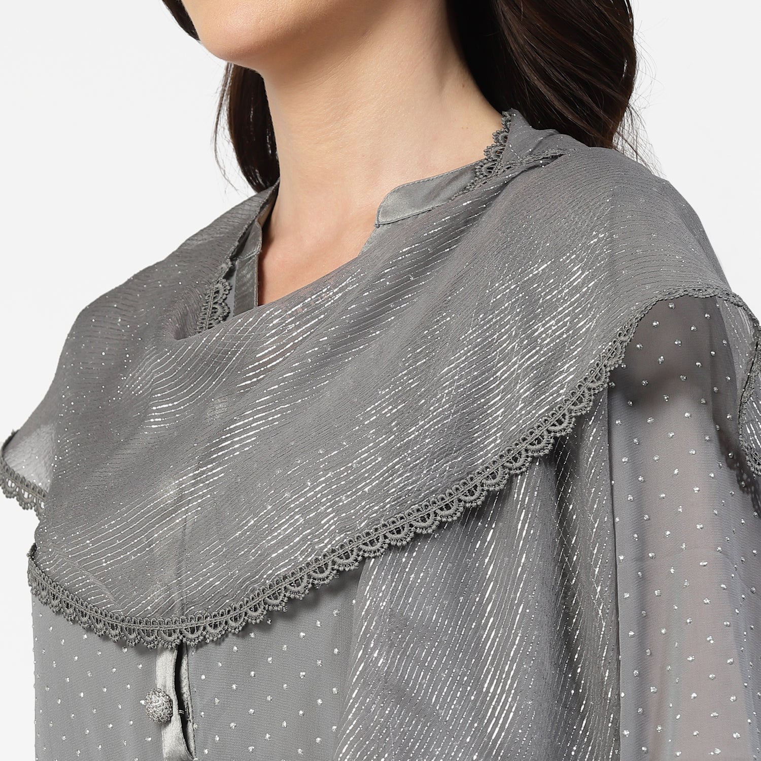Grey Lurex Dupatta With Lace