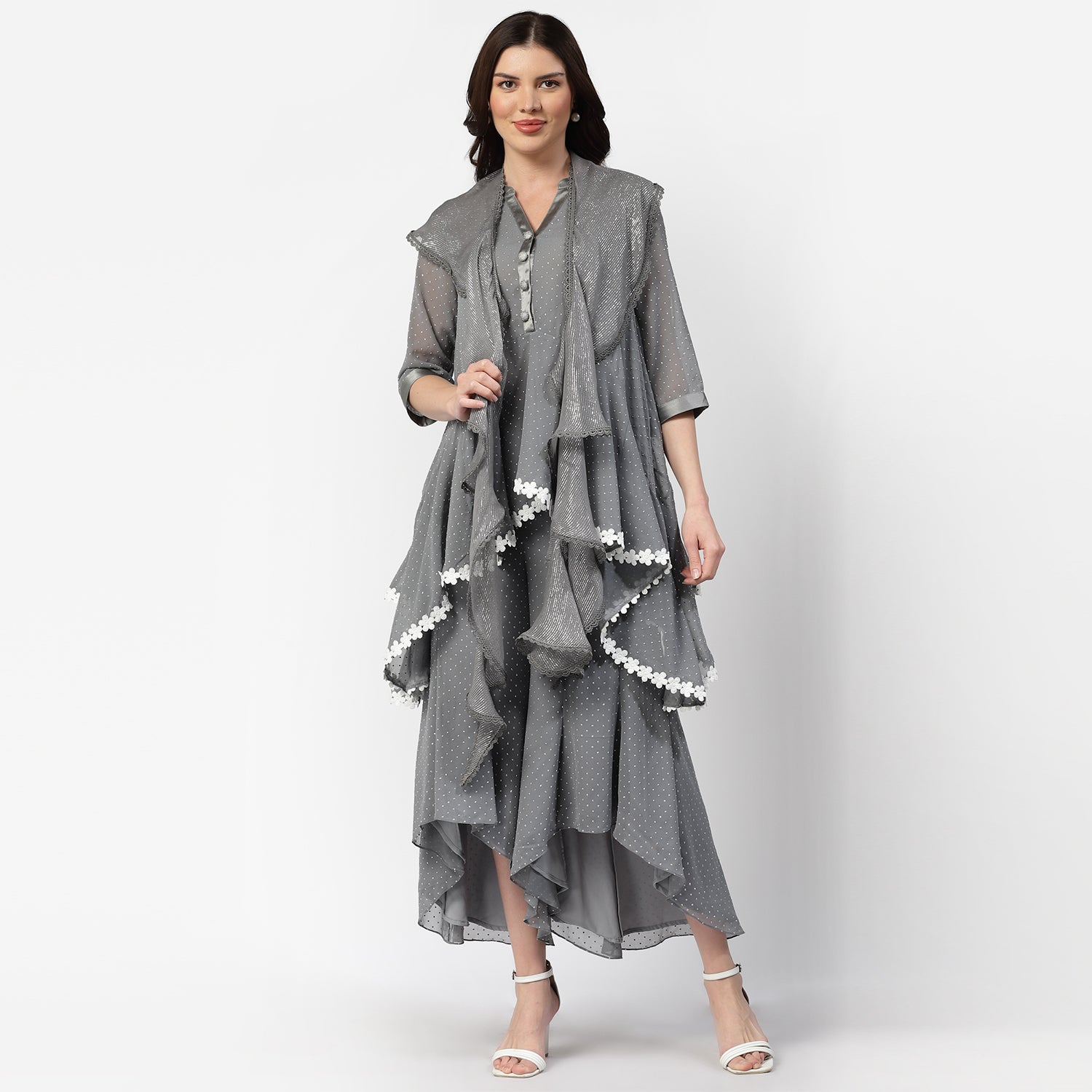 Grey Lurex Dupatta With Lace