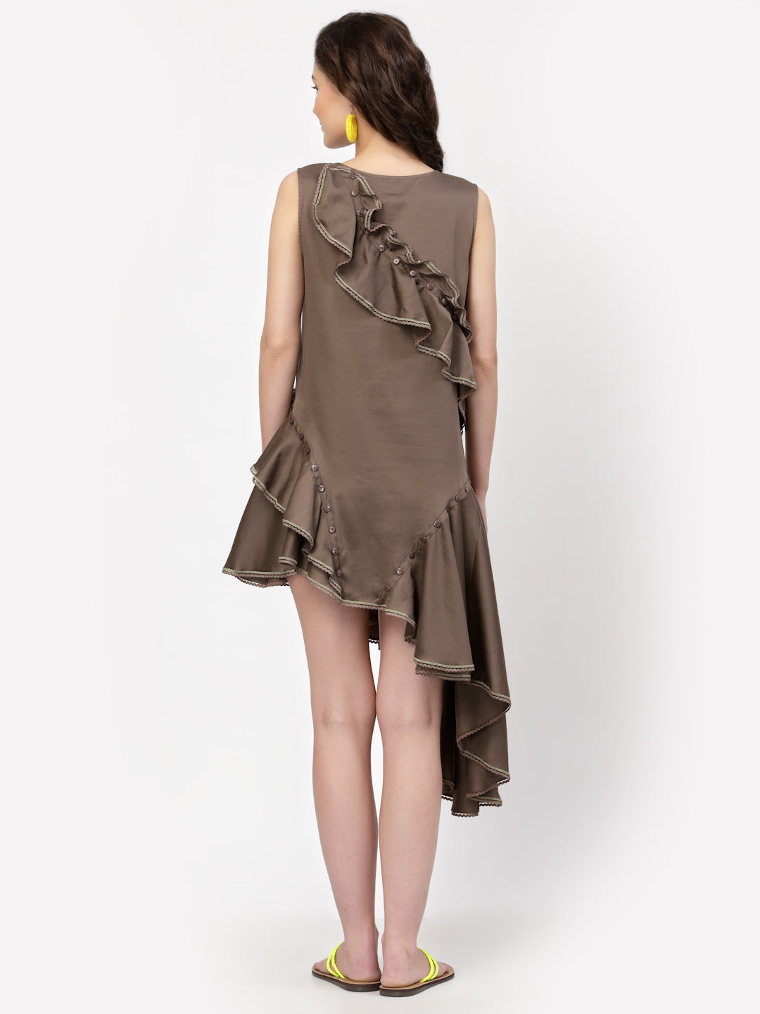 Dark Beige Cotton Ruffle Asymmetrical Dress