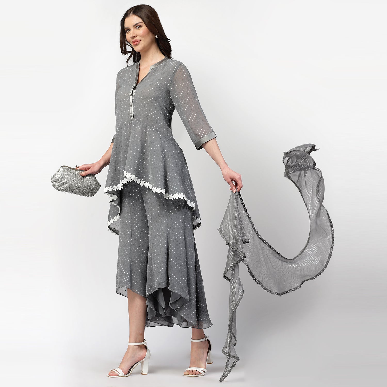 Grey Lurex Dupatta With Lace