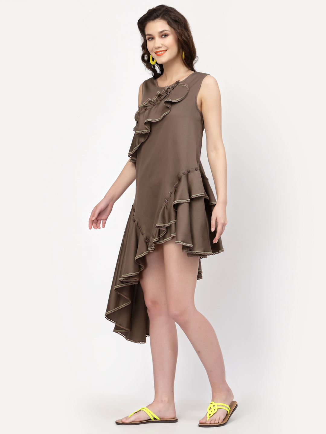 Dark Beige Cotton Ruffle Asymmetrical Dress