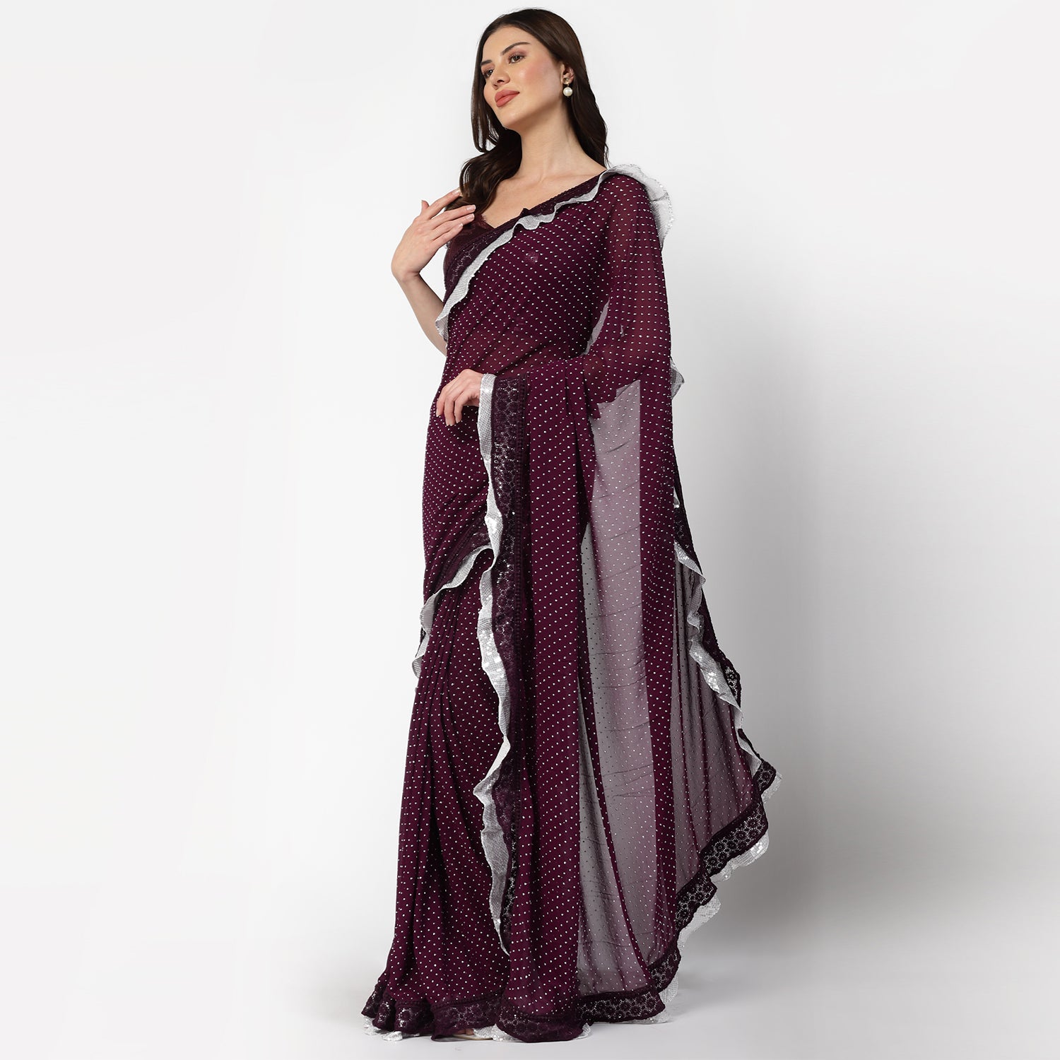 Purple Georgette Saree With Silver Dot And Sequins Frill