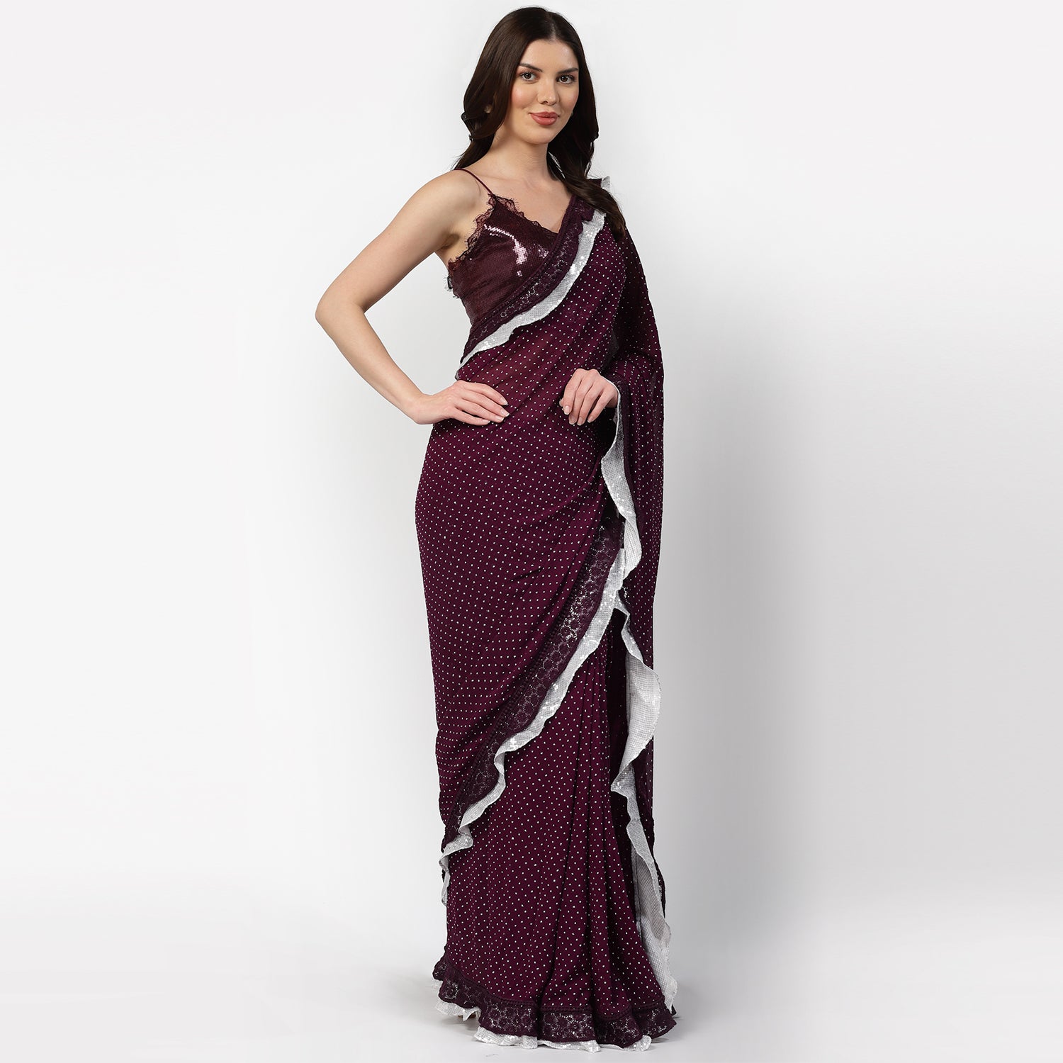 Purple Georgette Saree With Silver Dot And Sequins Frill