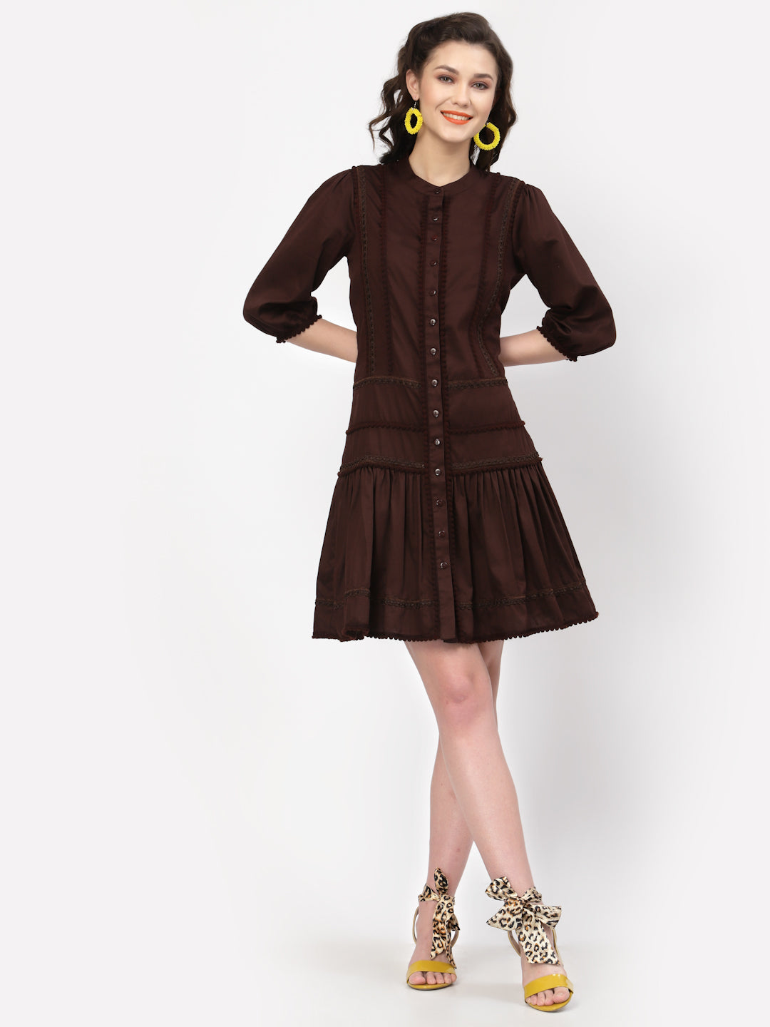 Chocolate Brown Dress With Pom Pom Lace