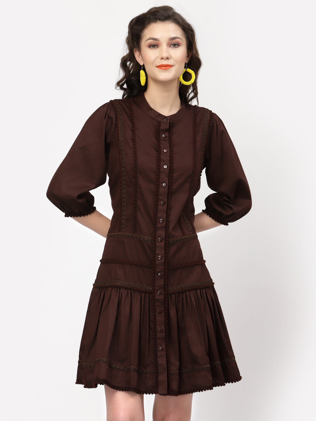 Chocolate Brown Dress With Pom Pom Lace