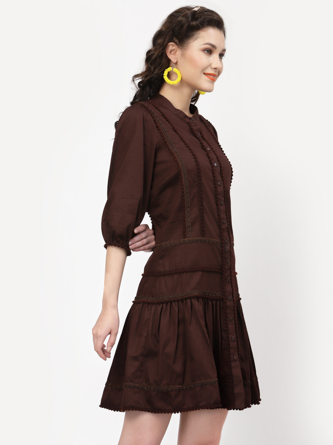 Chocolate Brown Dress With Pom Pom Lace