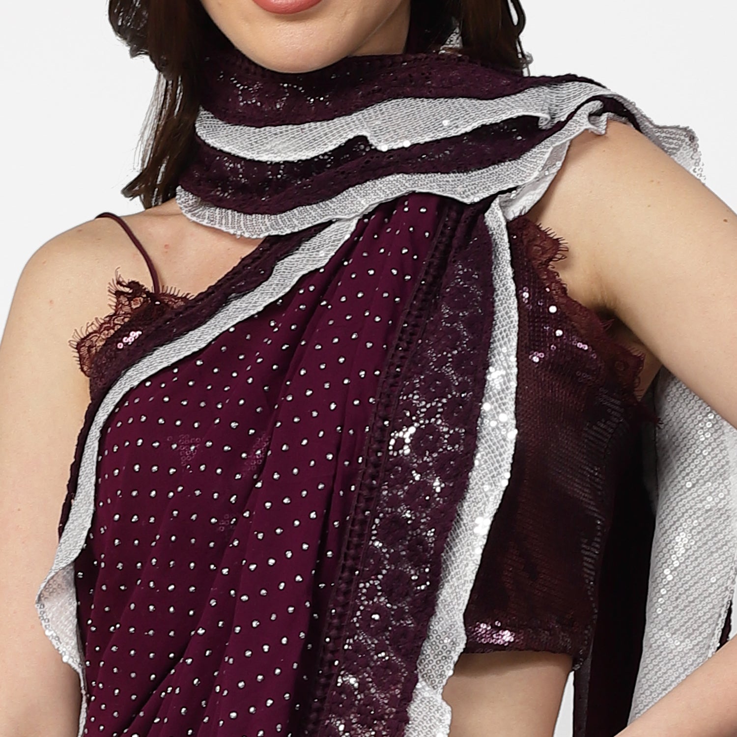 Purple Georgette Saree With Silver Dot And Sequins Frill