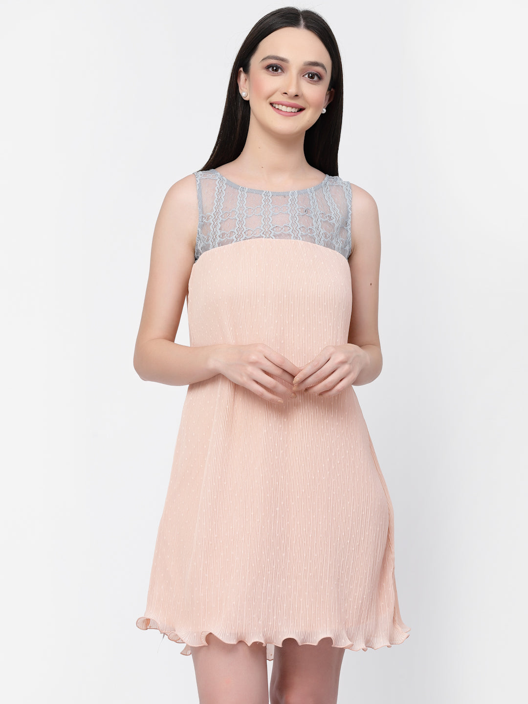 Pleated Georgette Dress With Lace