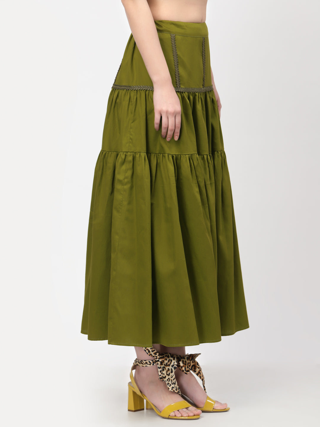 Olive Long Skirt With Laces And Slit