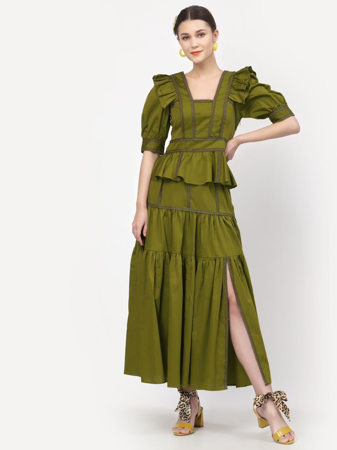 Olive Long Skirt With Laces And Slit