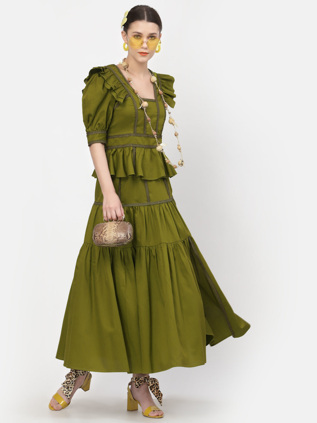 Olive Long Skirt With Laces And Slit