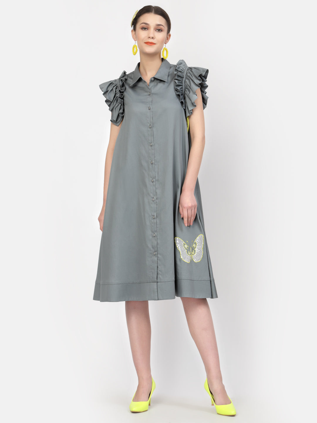 Grey Dress With Silver Butterfly Embroidery