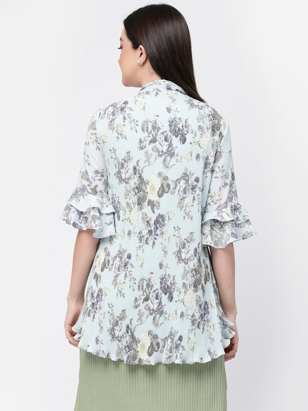 Floral Print Pleated Asymmetrical Shrug