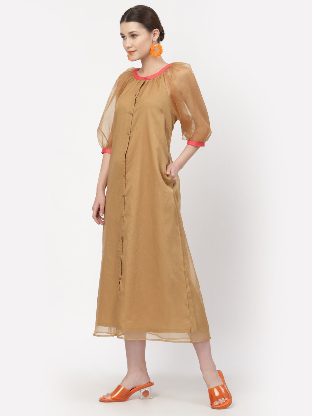 Beige Organza Dress With Puff Sleeves & Pink Piping