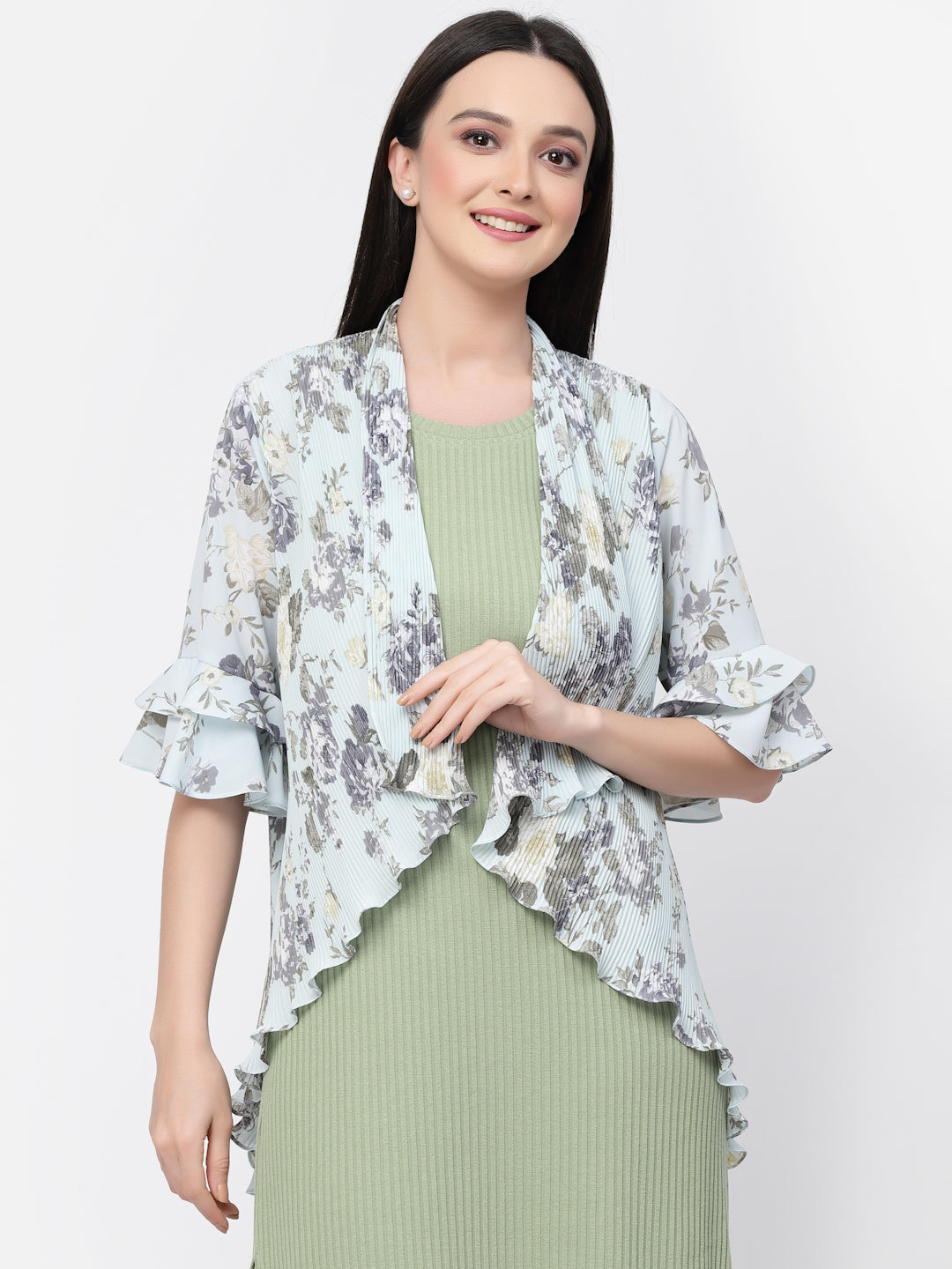 Floral Print Pleated Asymmetrical Shrug