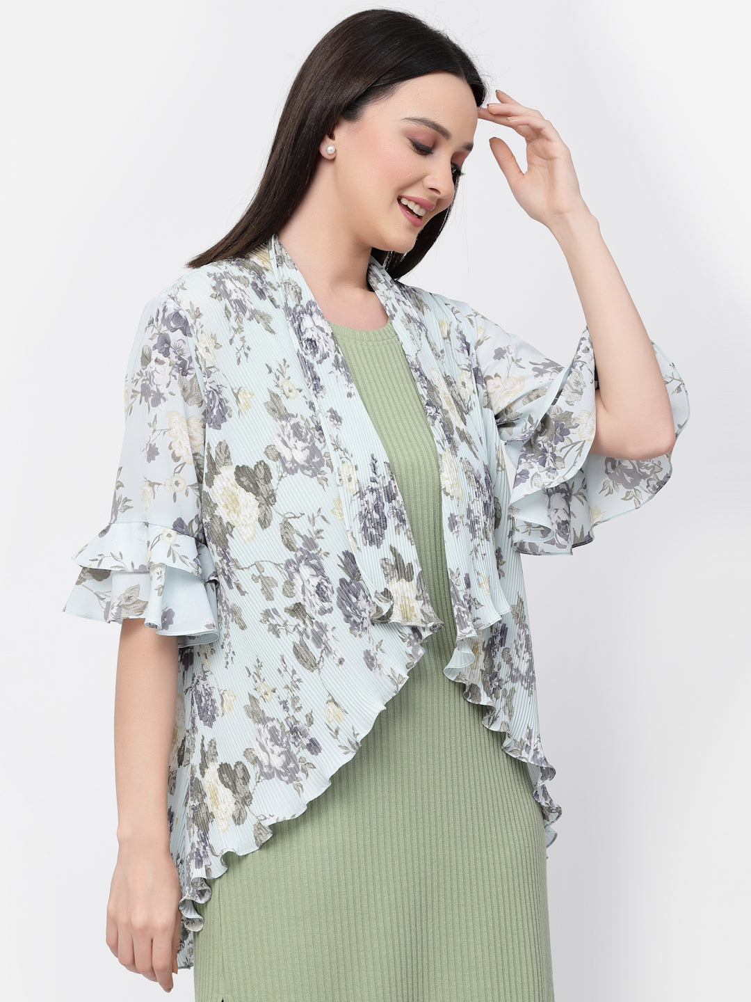 Floral Print Pleated Asymmetrical Shrug