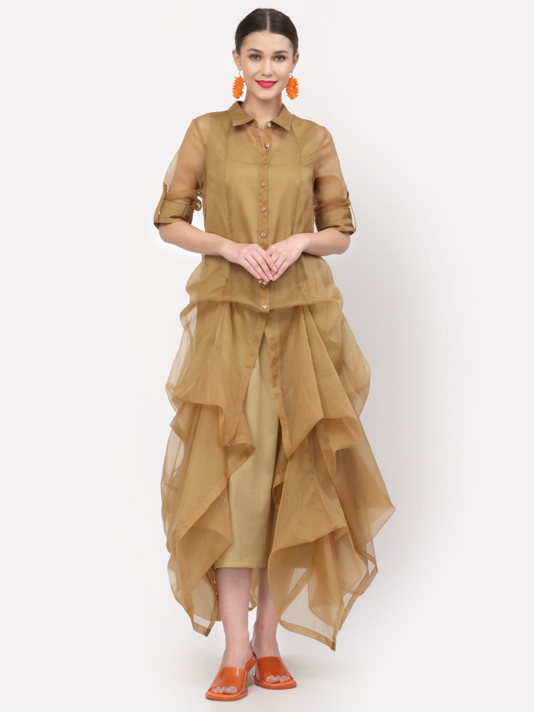 Beige Organza Drape Dress With Cotton Inner