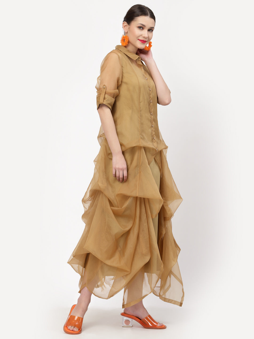 Beige Organza Drape Dress With Cotton Inner