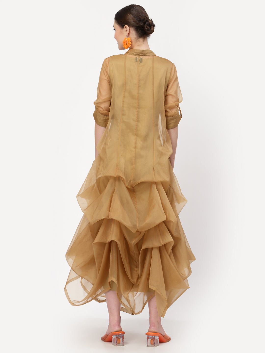 Beige Organza Drape Dress With Cotton Inner