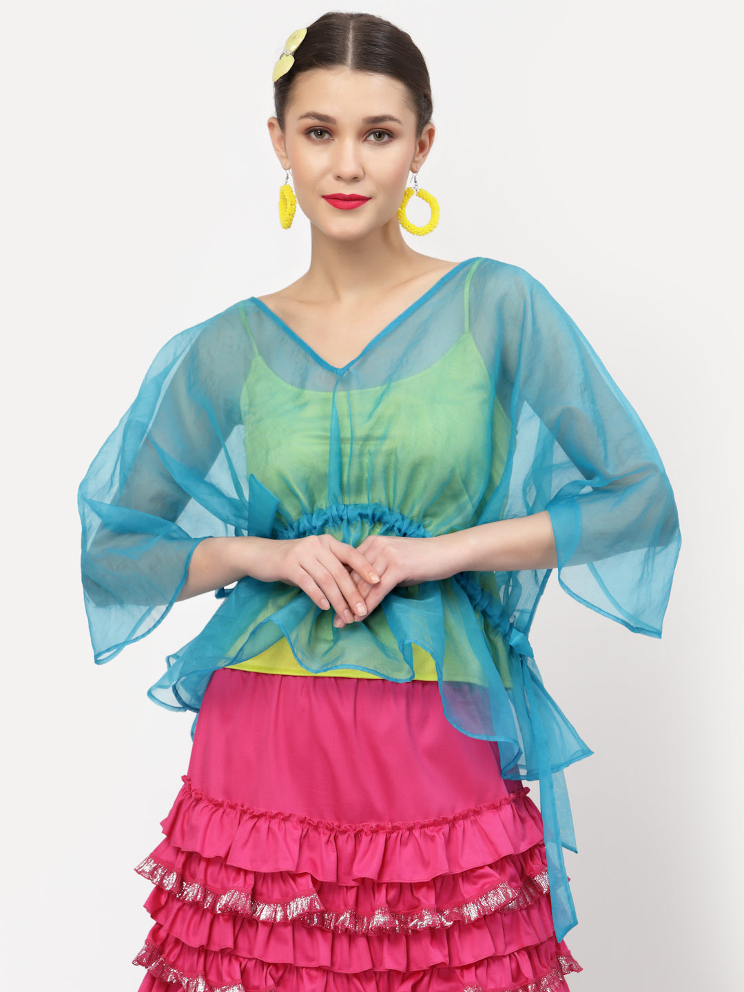 Turquoise Organza Drawstring Top With Yellow Spaghetti