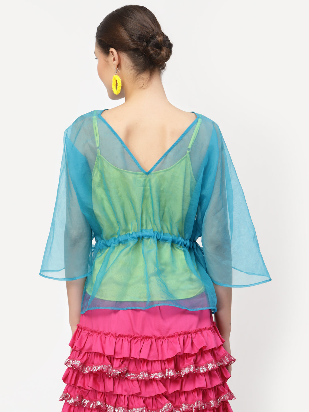 Turquoise Organza Drawstring Top With Yellow Spaghetti