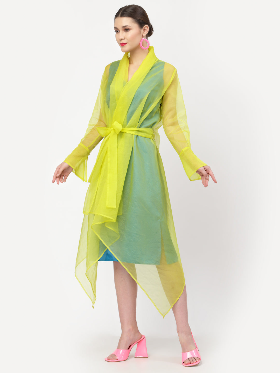 Neon Yellow Organza Drape Jacket With Turquoise Inner