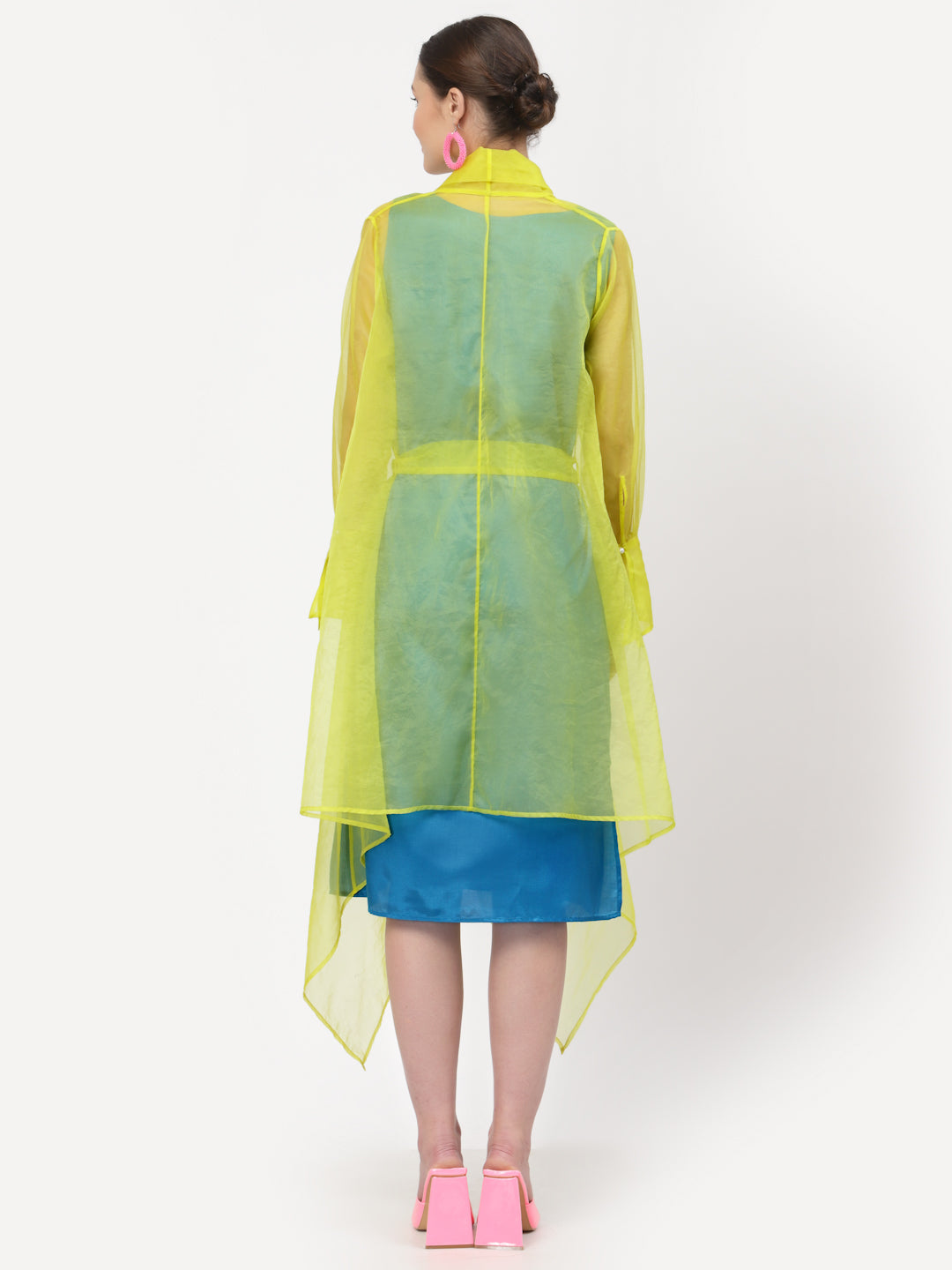 Neon Yellow Organza Drape Jacket With Turquoise Inner