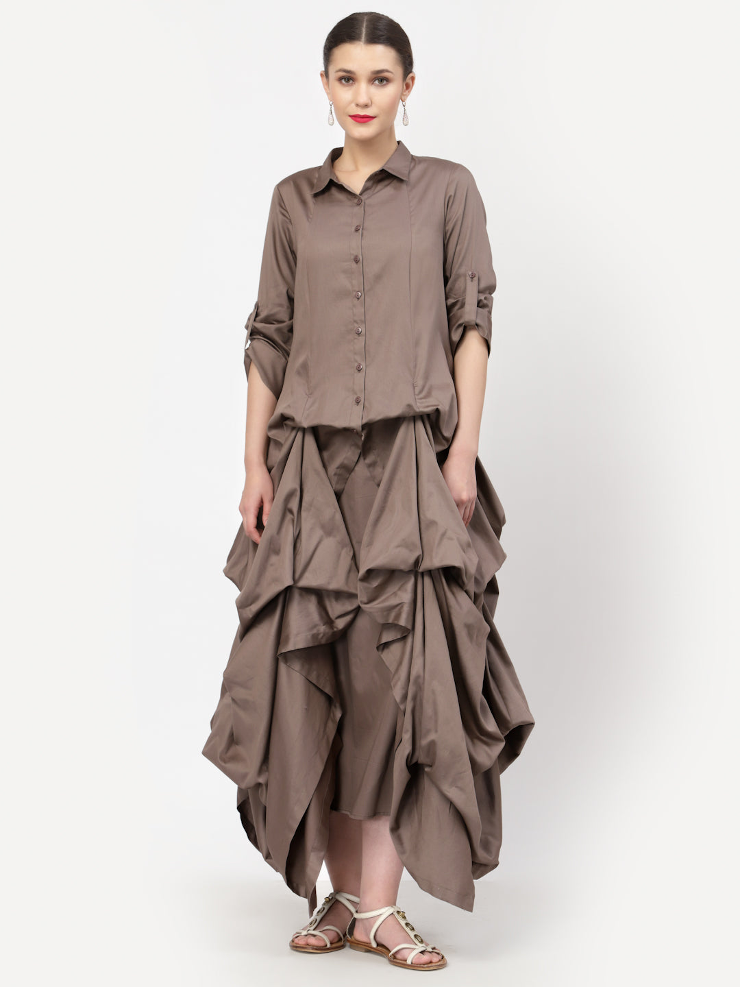 Dark Beige Drape Dress With Cotton Dark Beige Inner