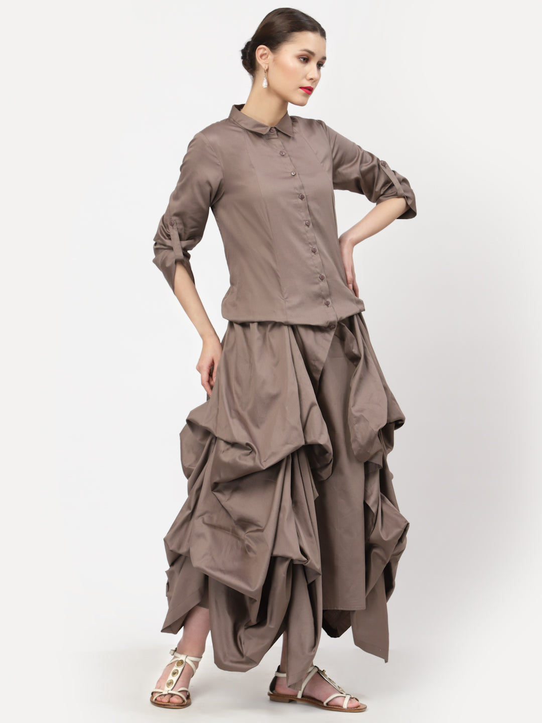 Dark Beige Drape Dress With Cotton Dark Beige Inner