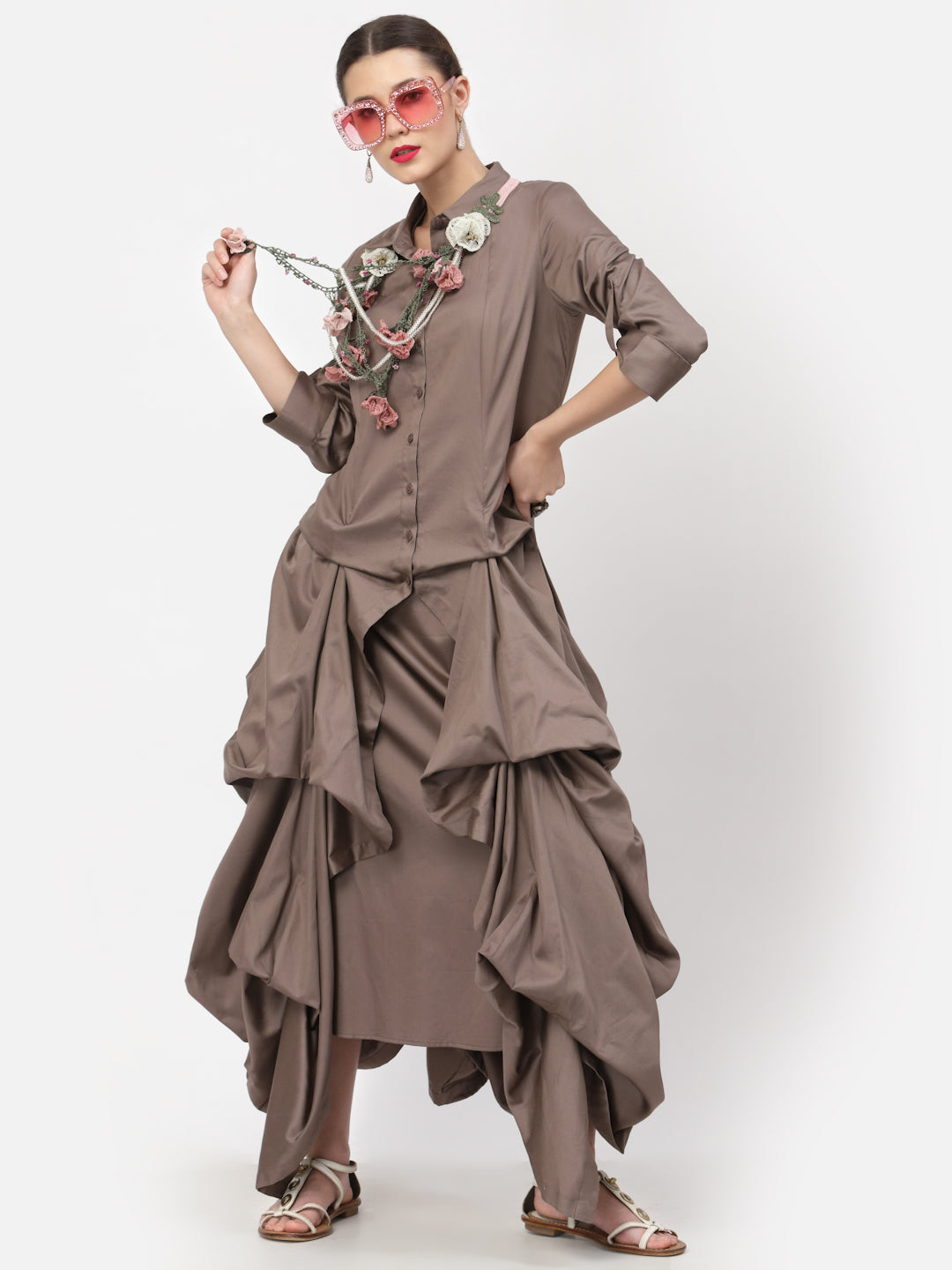 Dark Beige Drape Dress With Cotton Dark Beige Inner