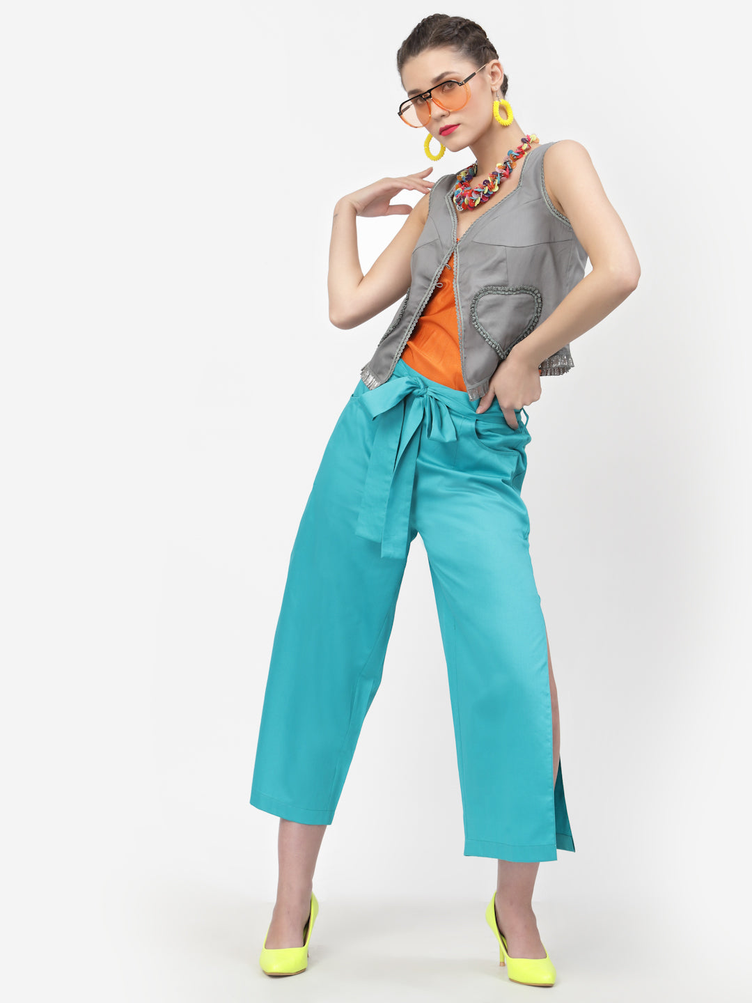 Turquoise Plazzo With Open Slit