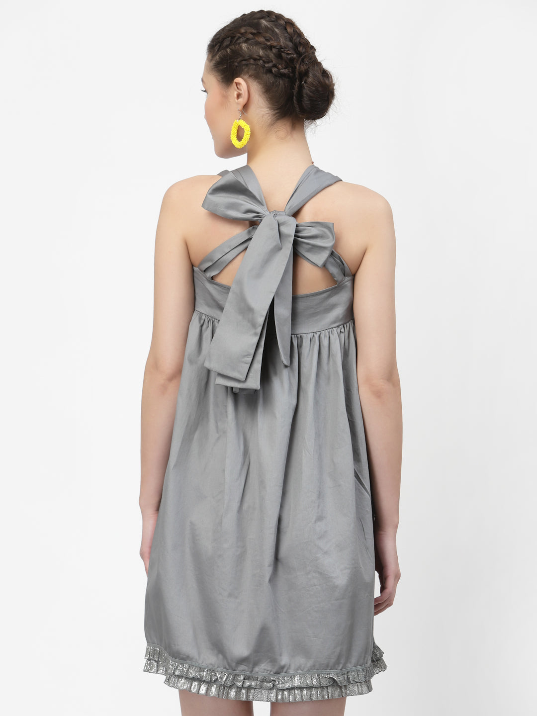 Grey Halter Dress With Frill Heart Pocket