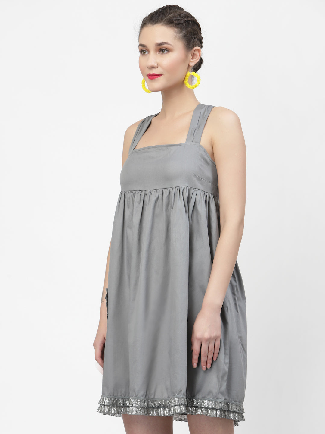 Grey Halter Dress With Frill Heart Pocket