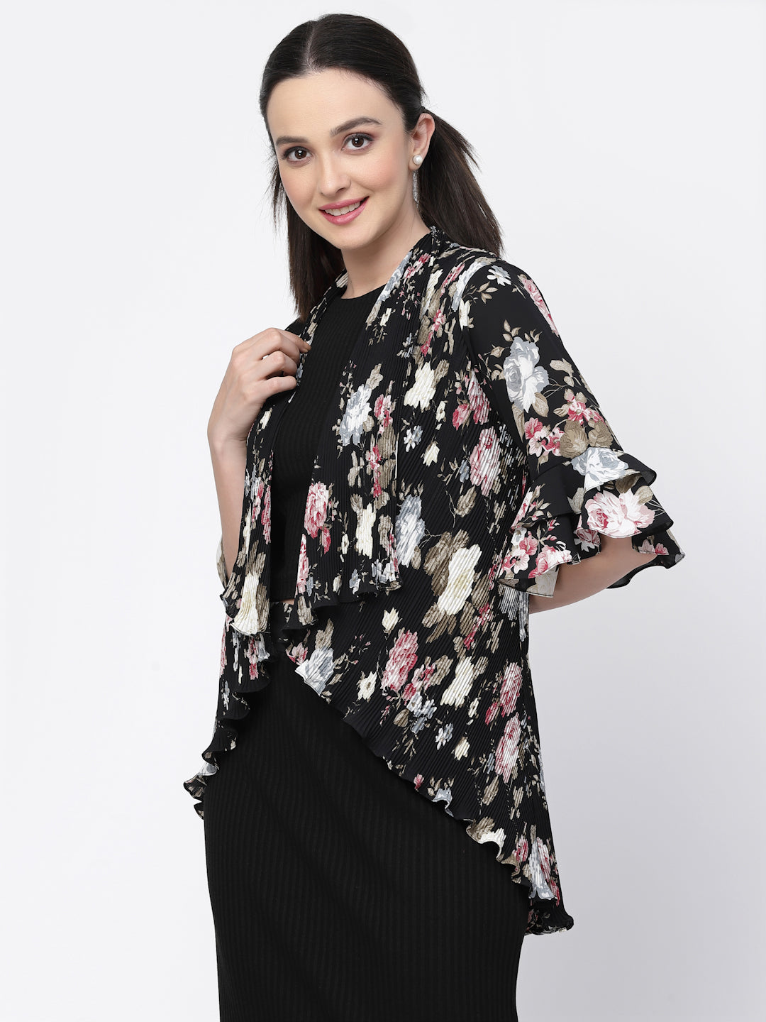 Floral Print Pleated Asymmetrical Shrug