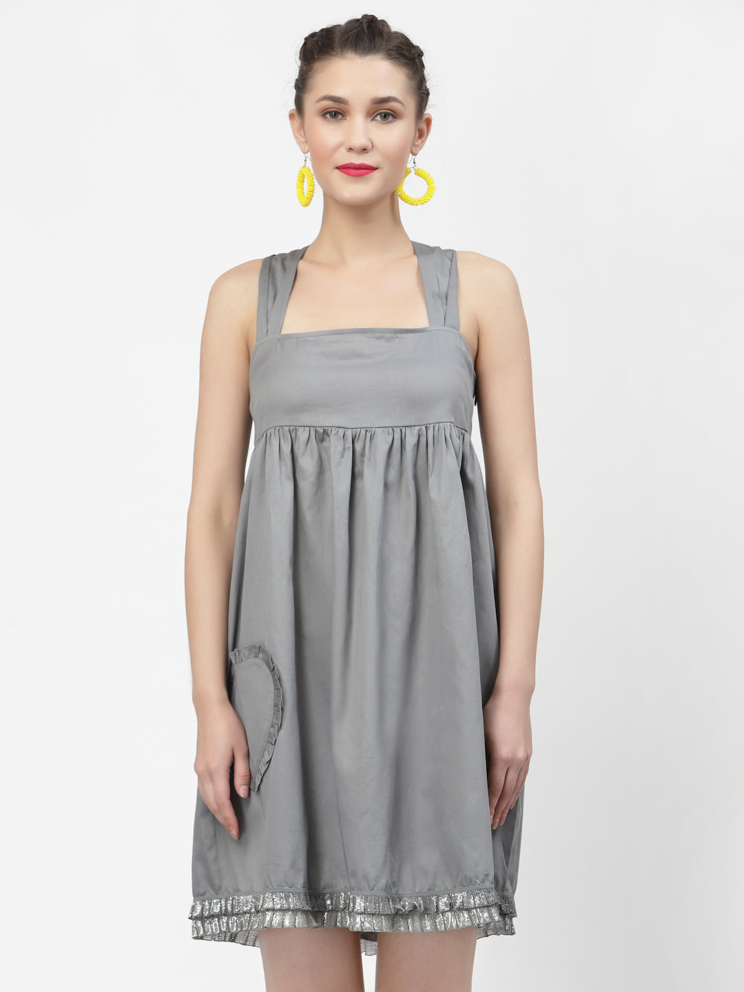 Grey Halter Dress With Frill Heart Pocket