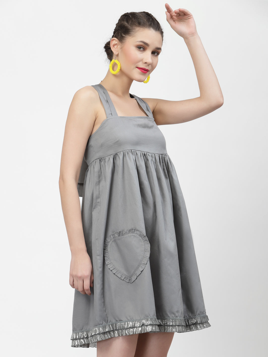 Grey Halter Dress With Frill Heart Pocket