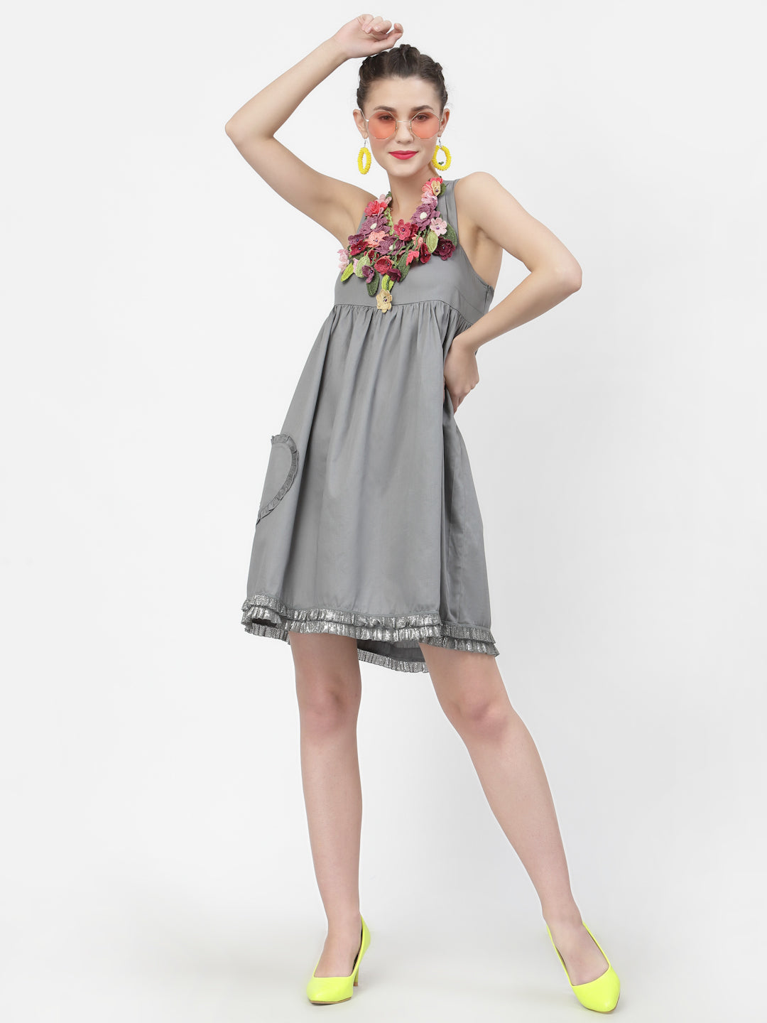 Grey Halter Dress With Frill Heart Pocket