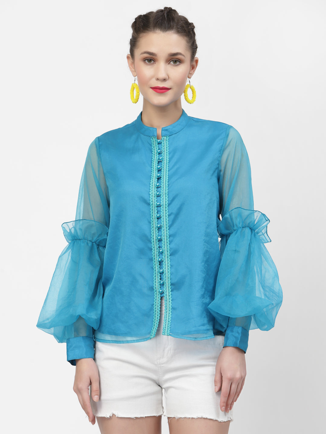 Turquoise Organza Tops for Women with Lace Detailing