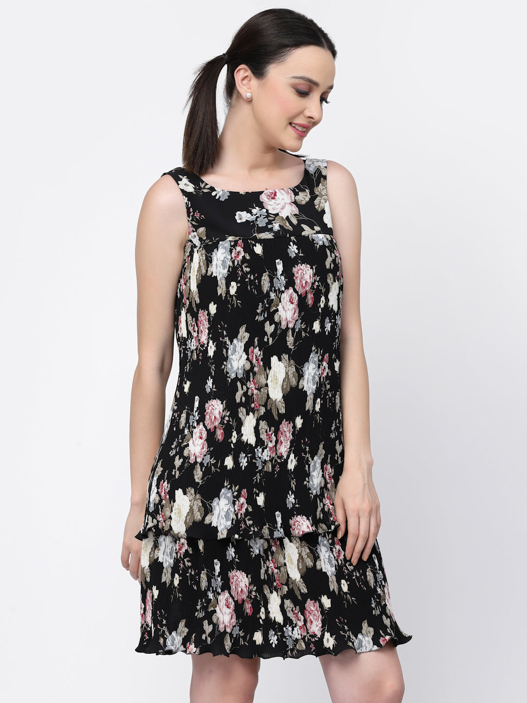 Floral Pleated Double Layer Dress