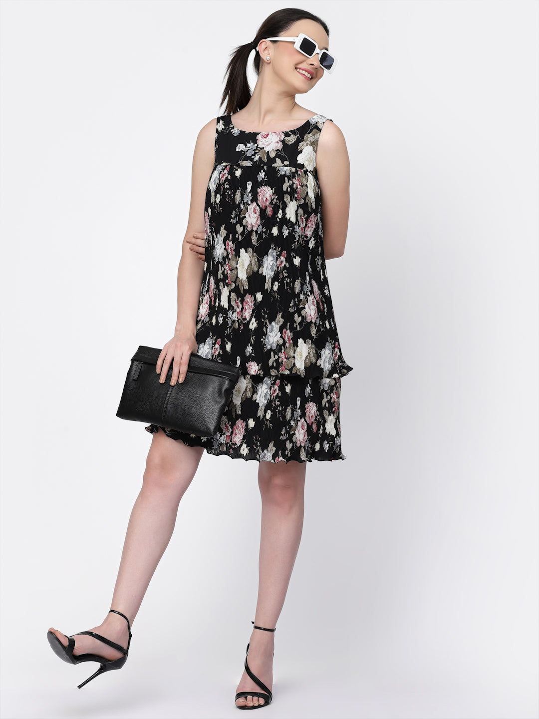 Floral Pleated Double Layer Dress