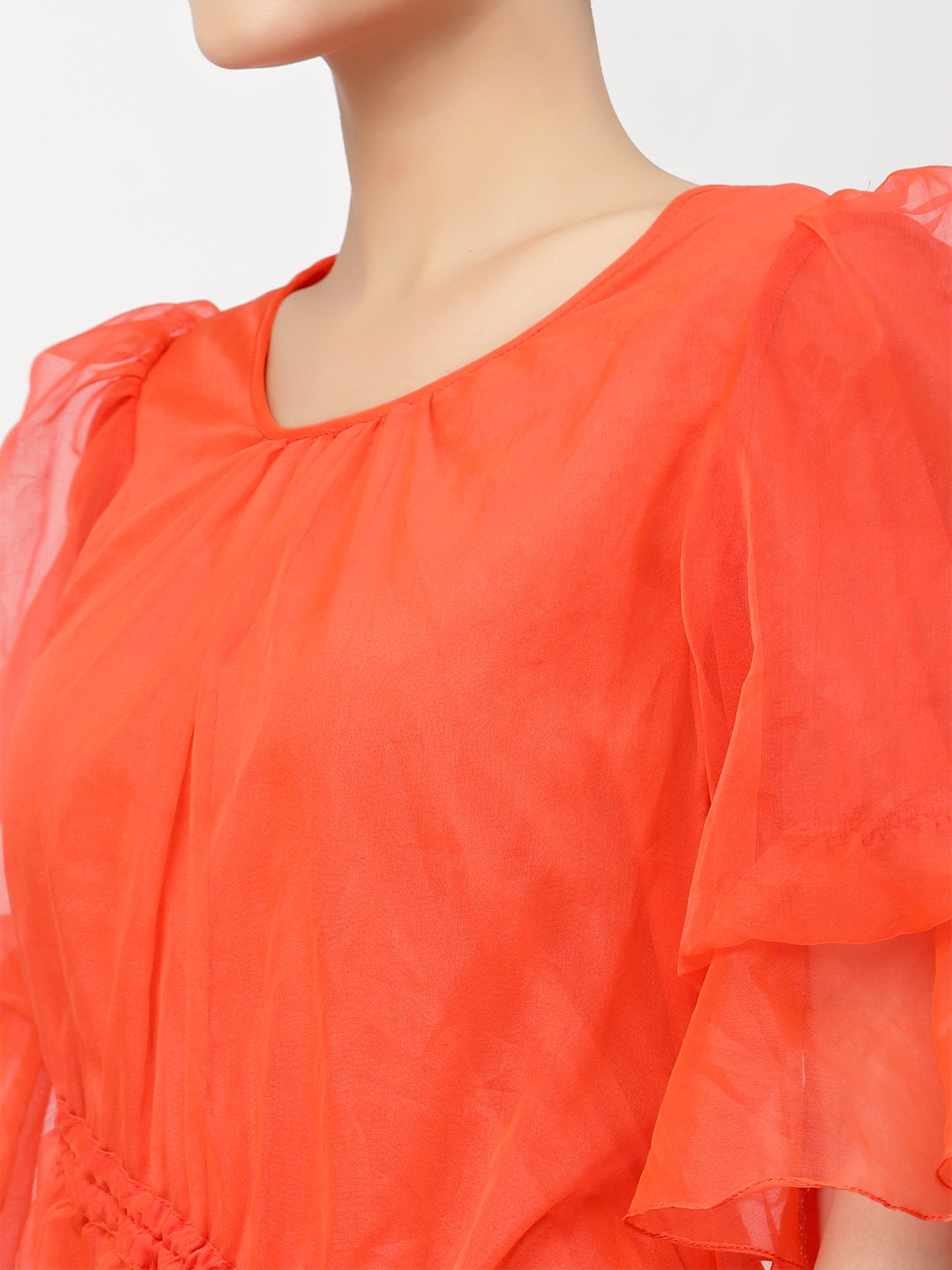 Neon Peach Organza Asymmetrical Dress With Gather & Strings