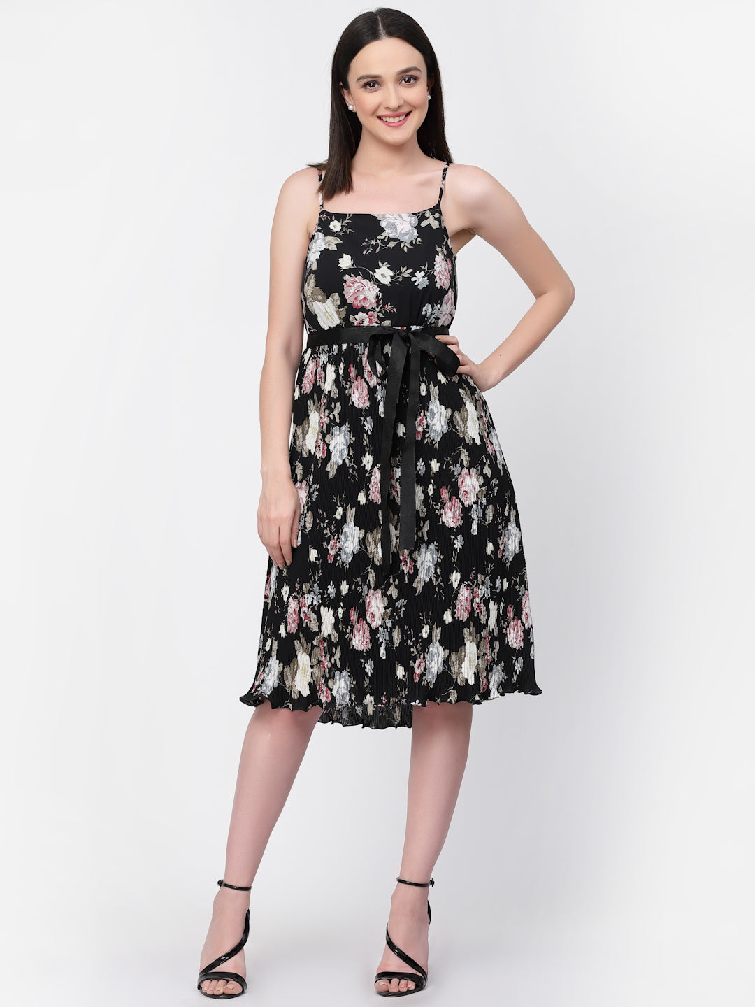 Floral Print Spaghetti Dress With Belt