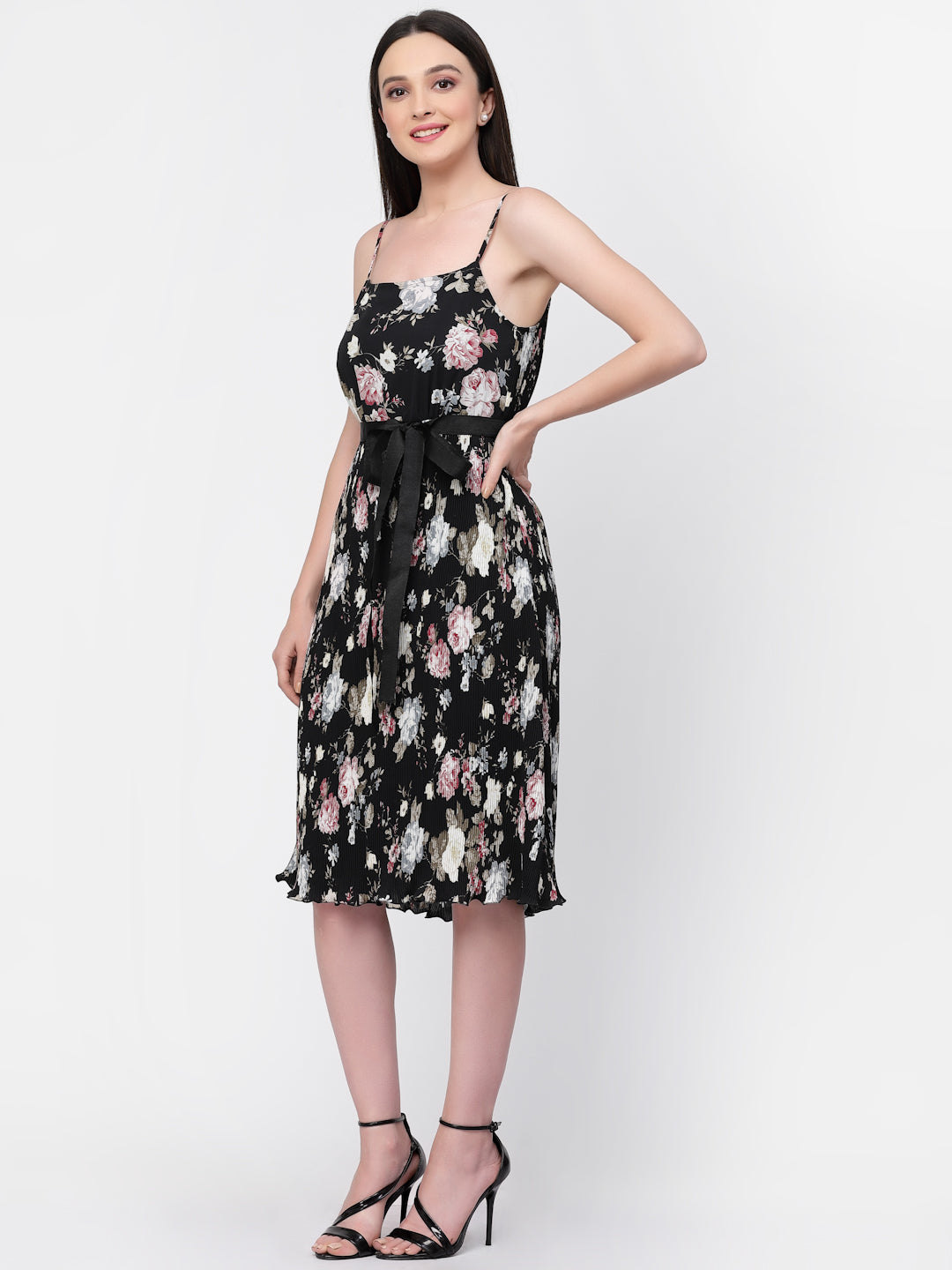 Floral Print Spaghetti Dress With Belt