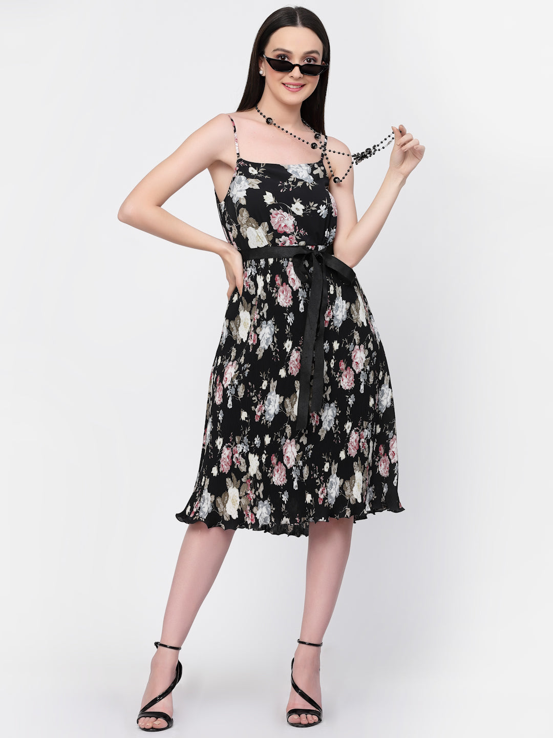 Floral Print Spaghetti Dress With Belt