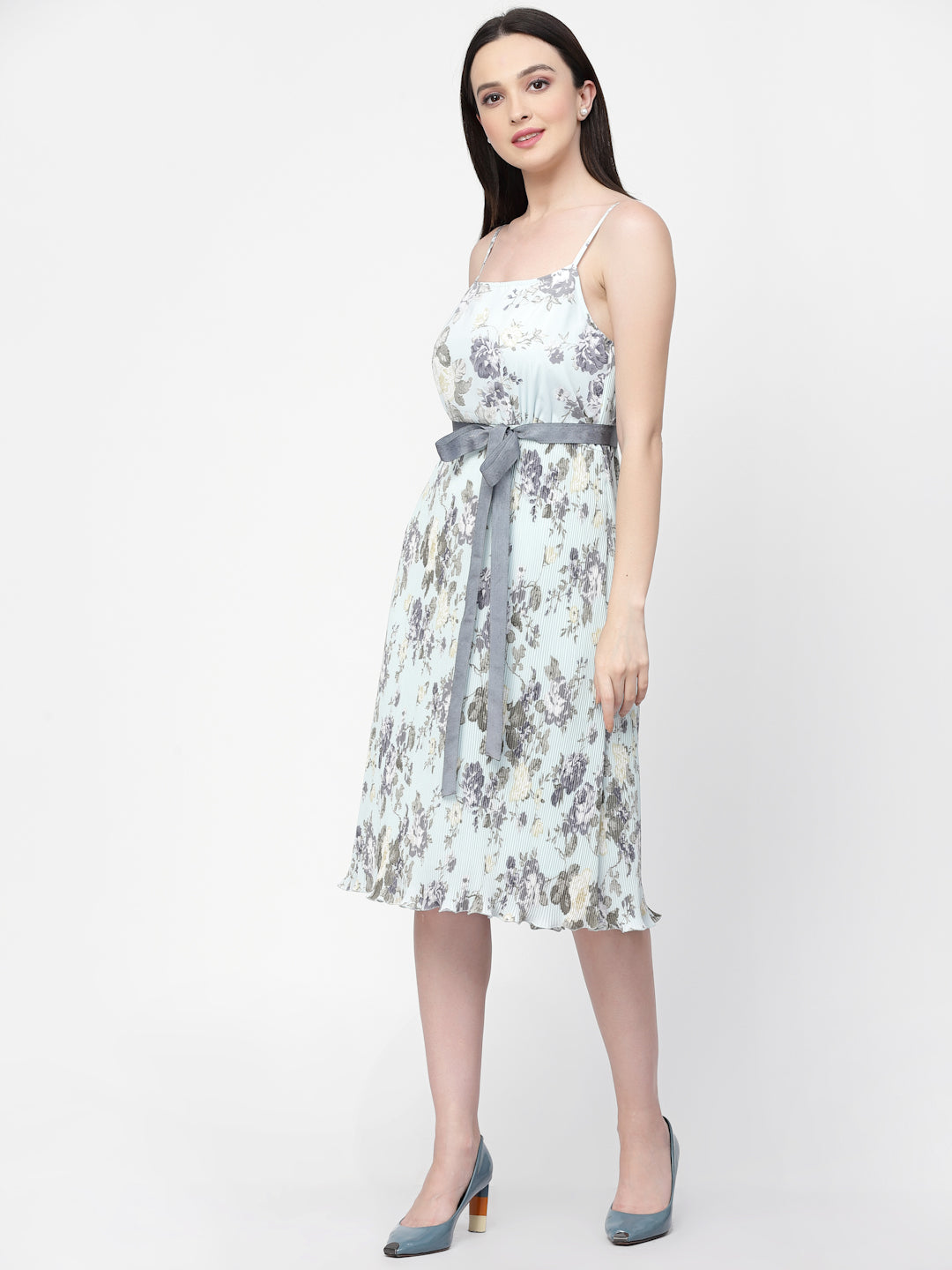 Women Floral Print Spaghetti Dress With Belt-1